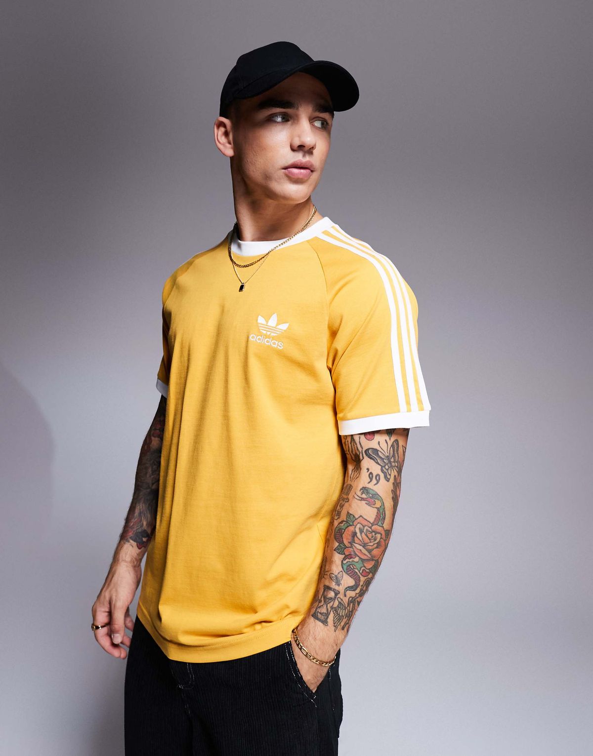 adidas Originals 3 stripe ringer t-shirt in yellow